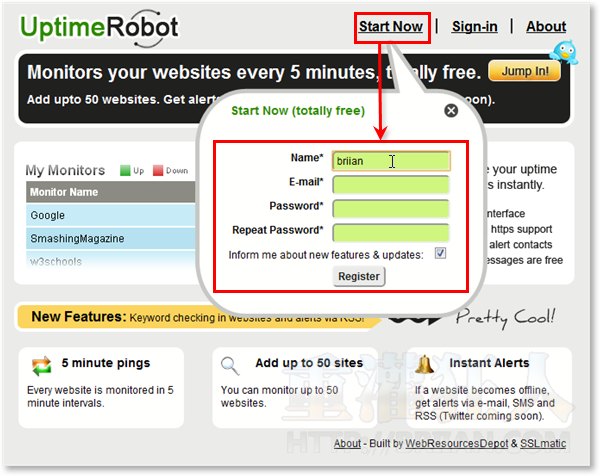 1-Uptime Robot 自動監控50個網站，斷線自動發Email、簡訊通知