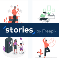 Stories by Freepik 免費下載可商用的情境插圖素材庫，可自訂顏色、加入多種動態效果！